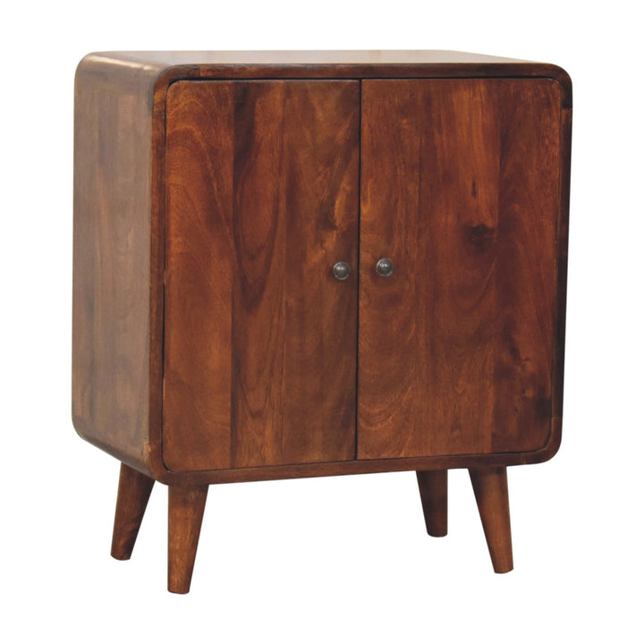 Brown Lacquered Solid Mango Wood Classic Chestnut Cabinet with Bouclé Upholstered Stool