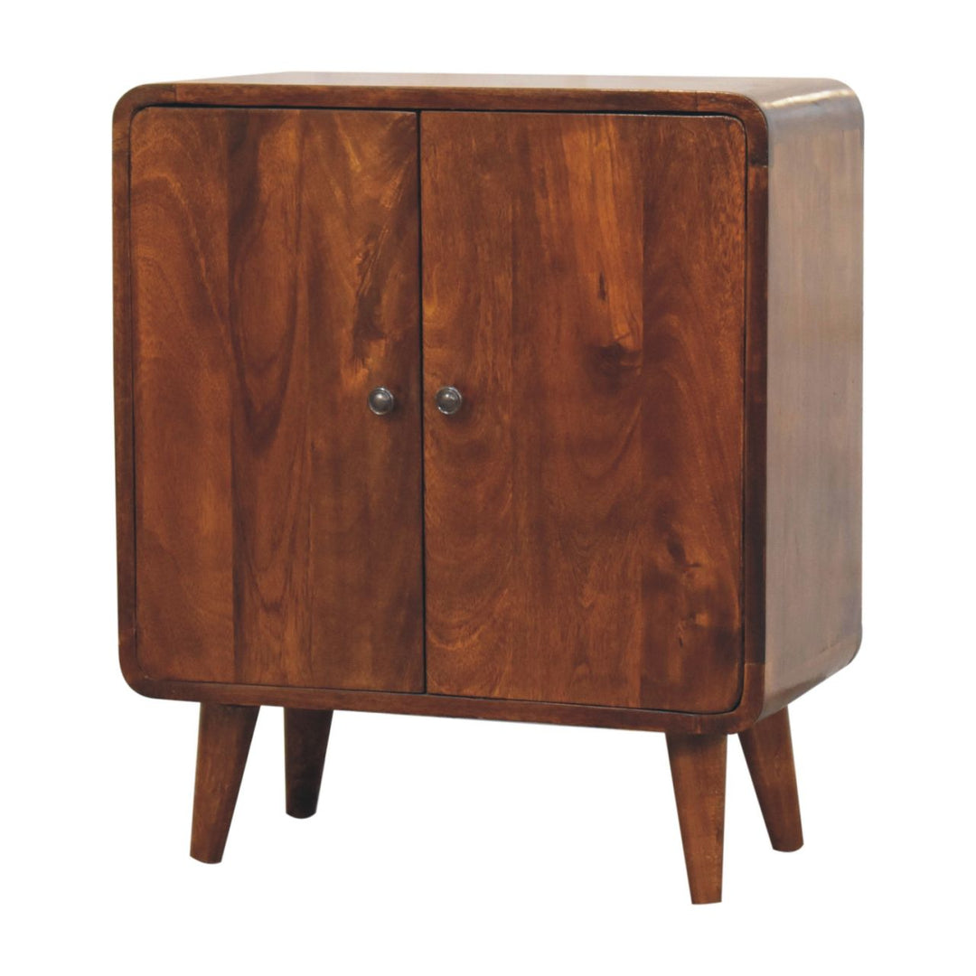 Brown Lacquered Solid Mango Wood Classic Chestnut Cabinet with Bouclé Upholstered Stool