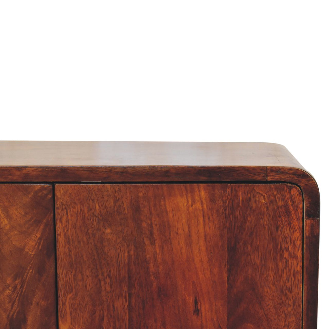 Brown Lacquered Solid Mango Wood Classic Chestnut Cabinet with Bouclé Upholstered Stool