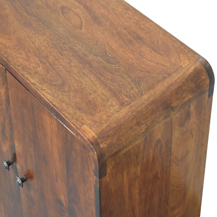 Brown Lacquered Solid Mango Wood Classic Chestnut Cabinet with Bouclé Upholstered Stool
