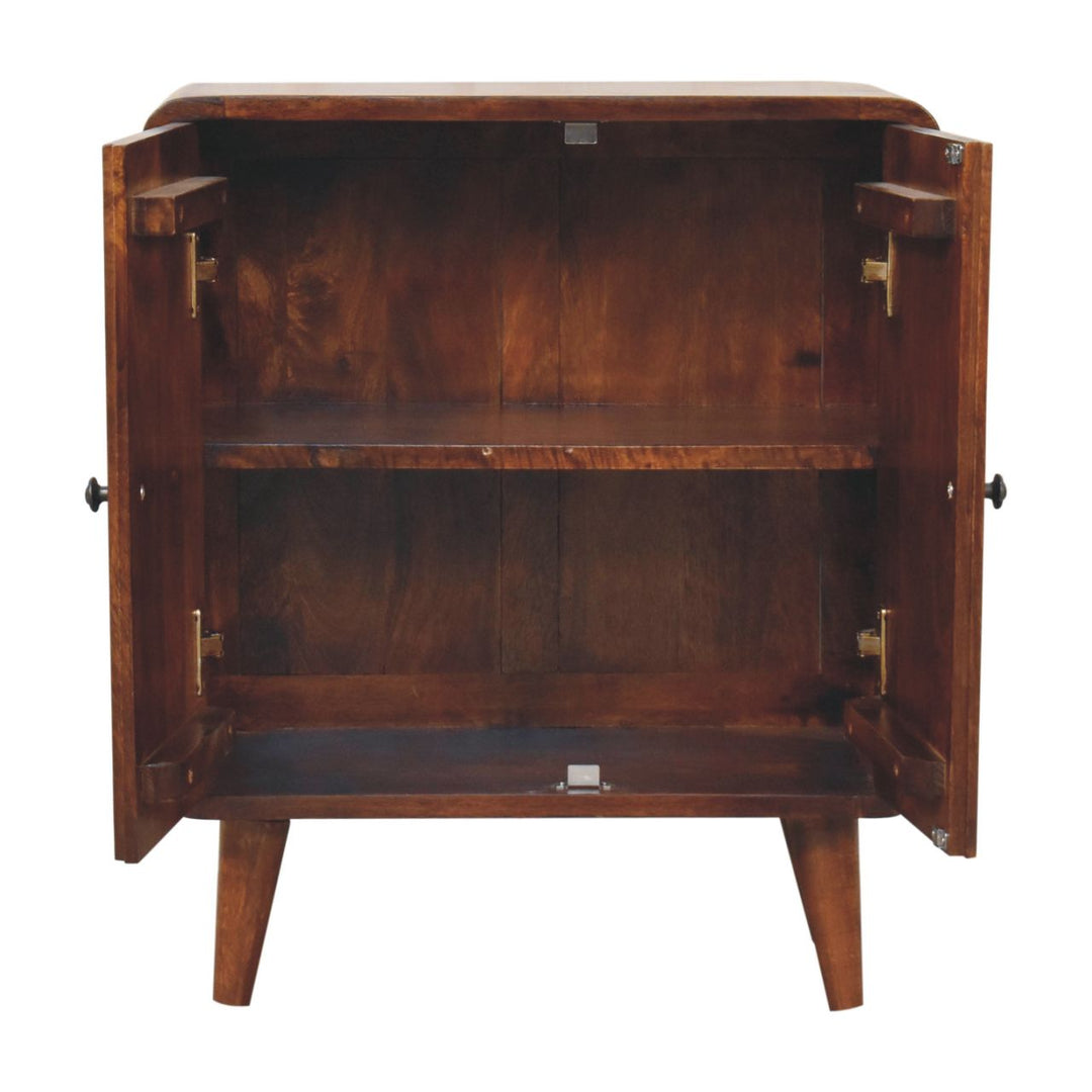 Brown Lacquered Solid Mango Wood Classic Chestnut Cabinet with Bouclé Upholstered Stool