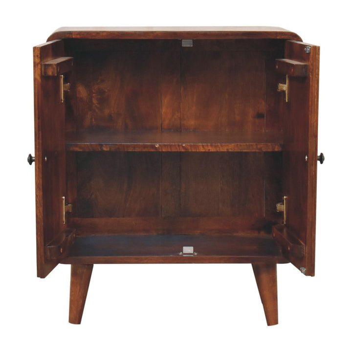 Brown Lacquered Solid Mango Wood Classic Chestnut Cabinet with Bouclé Upholstered Stool