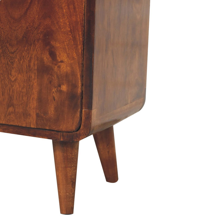 Brown Lacquered Solid Mango Wood Classic Chestnut Cabinet with Bouclé Upholstered Stool