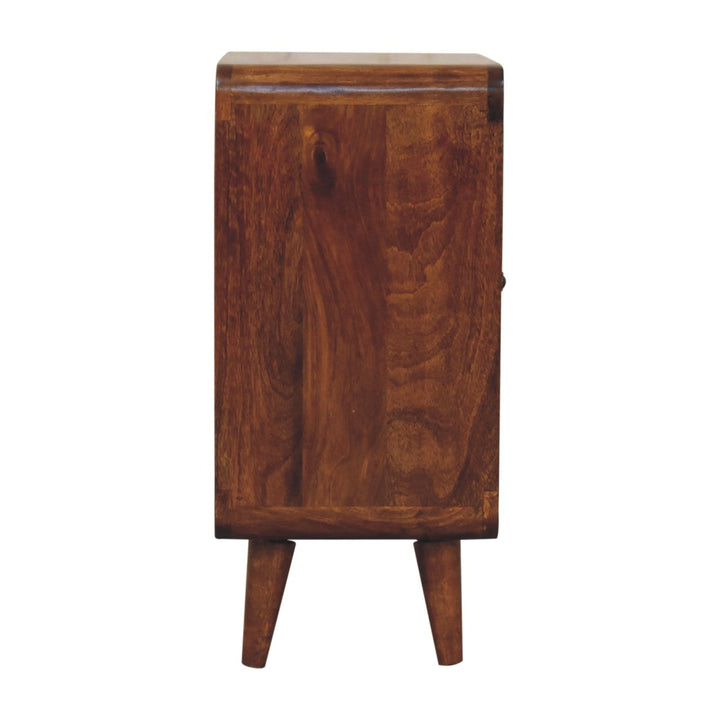 Brown Lacquered Solid Mango Wood Classic Chestnut Cabinet with Bouclé Upholstered Stool
