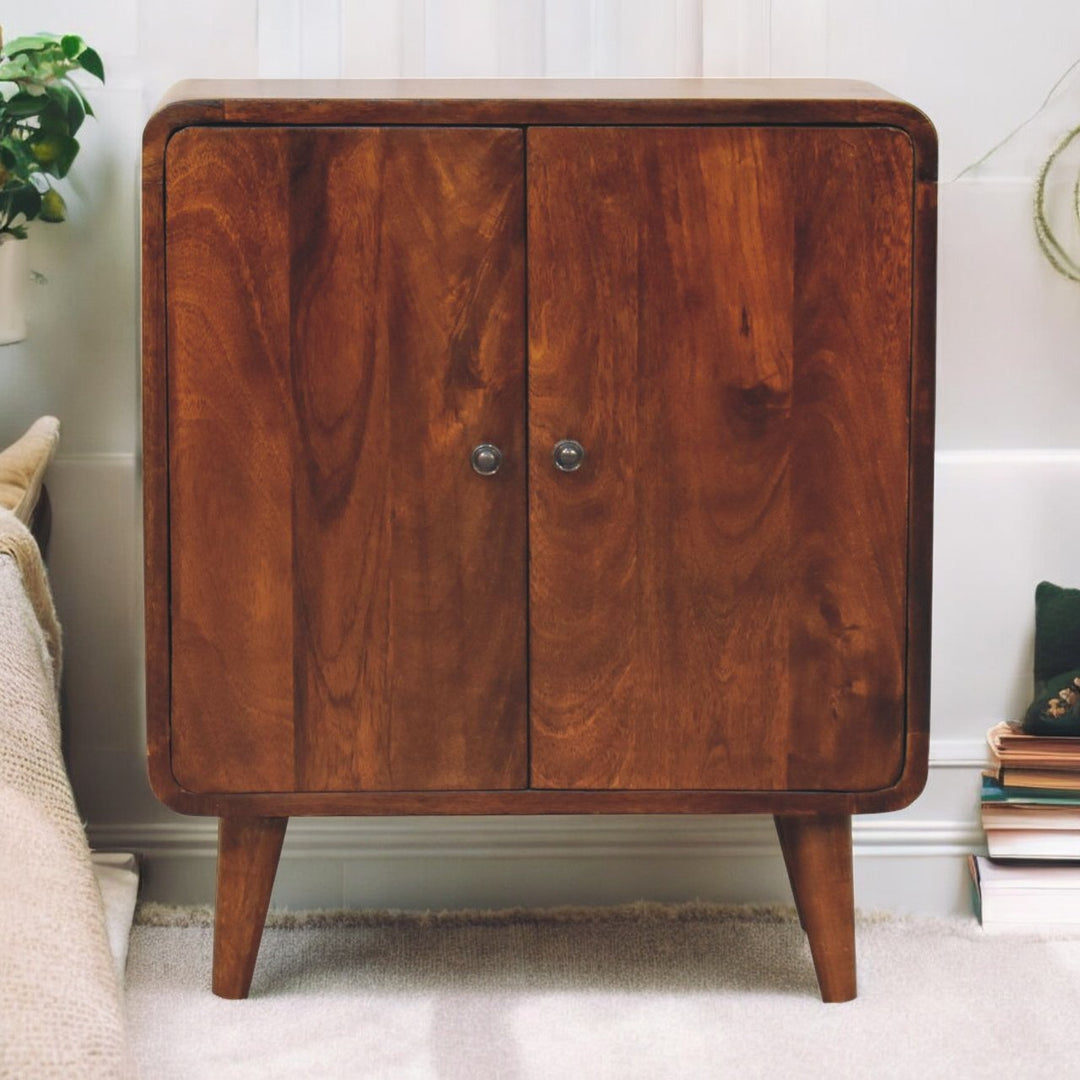 Brown Lacquered Solid Mango Wood Classic Chestnut Cabinet with Bouclé Upholstered Stool