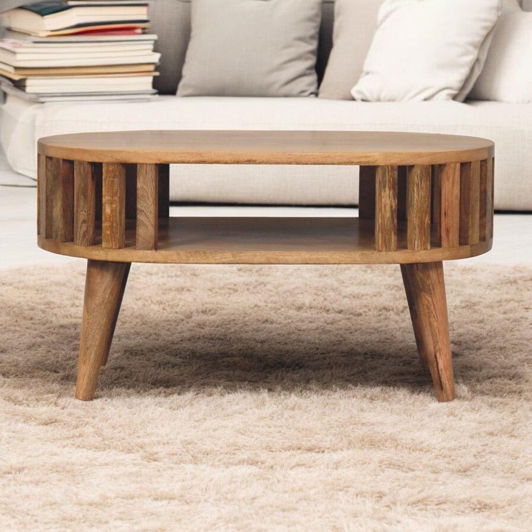 Beige Honeycomb Oak-Finish Solid Mango Wood Mini Ariella Coffee Table with Open Compartment