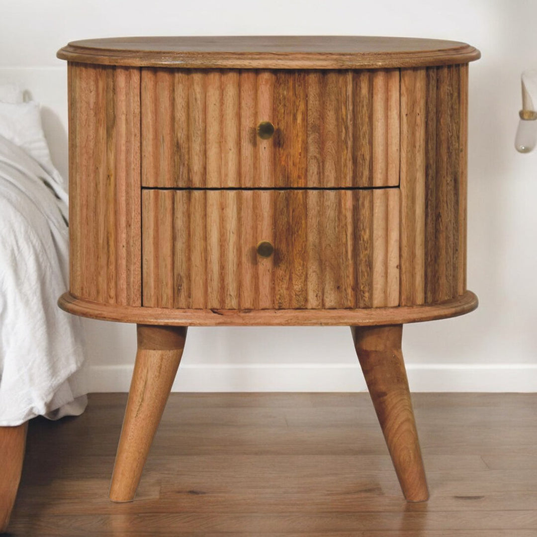 Brown Oak Veneer Solid Mango Wood Soba Nordic Bedside Table with 2 Drawers & Chestnut Finish