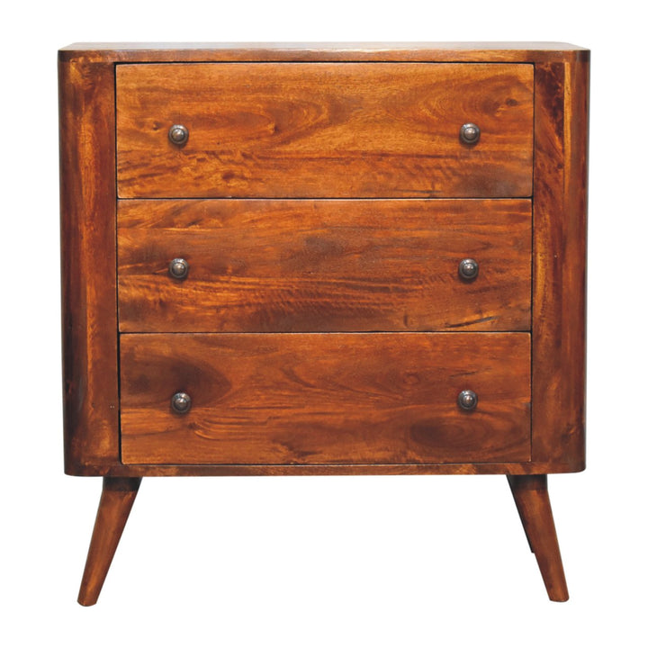 Brown Lacquered Chestnut Solid Mango Wood 3-Drawer Chest with Rounded Edges & Nordic Legs
