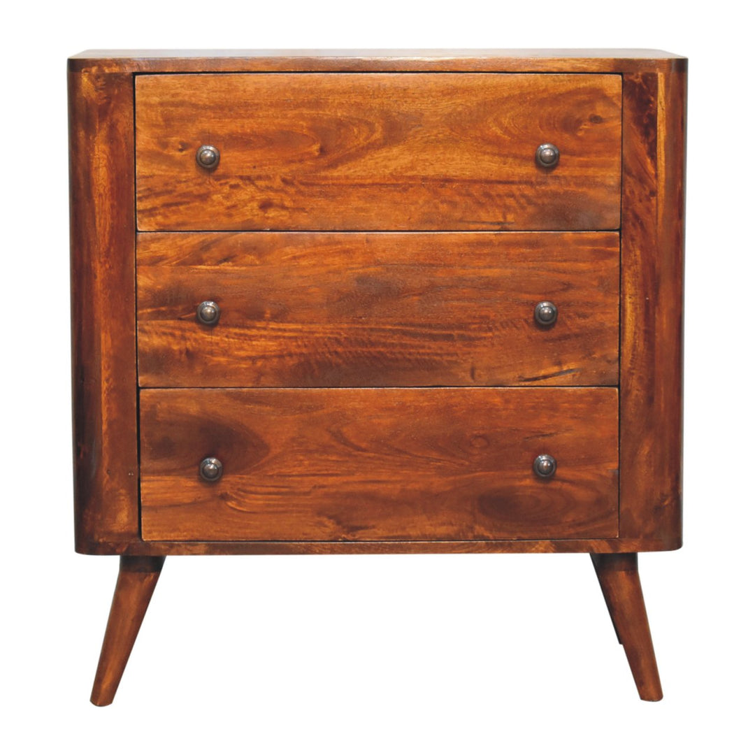 Brown Lacquered Chestnut Solid Mango Wood 3-Drawer Chest with Rounded Edges & Nordic Legs