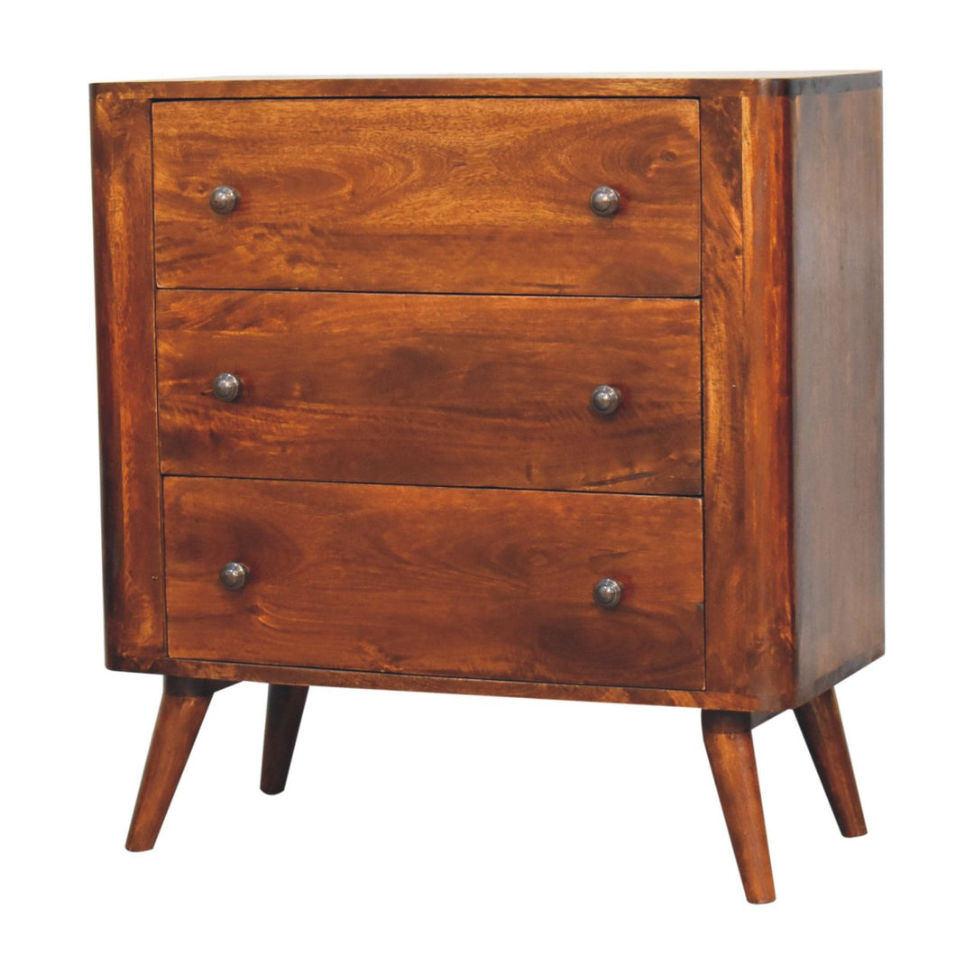 Brown Lacquered Chestnut Solid Mango Wood 3-Drawer Chest with Rounded Edges & Nordic Legs