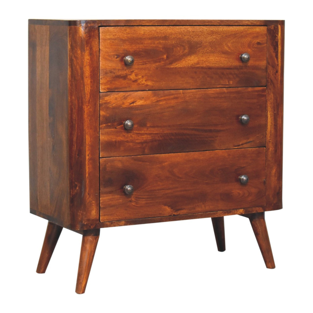 Brown Lacquered Chestnut Solid Mango Wood 3-Drawer Chest with Rounded Edges & Nordic Legs