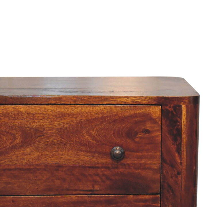 Brown Lacquered Chestnut Solid Mango Wood 3-Drawer Chest with Rounded Edges & Nordic Legs