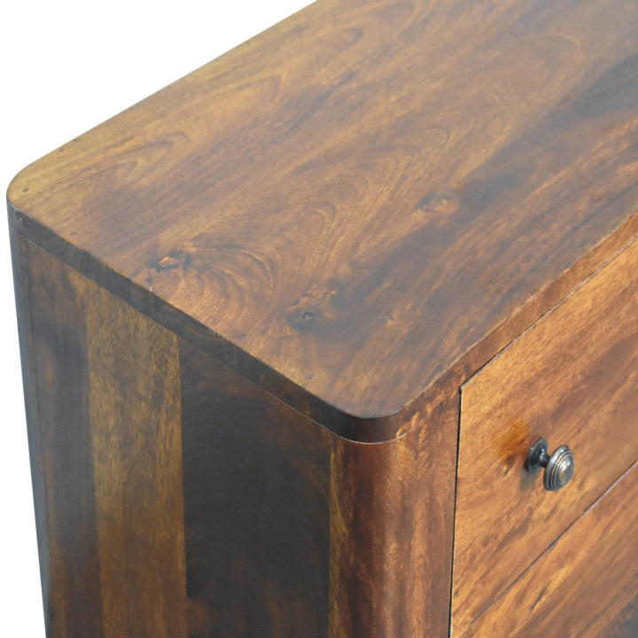 Brown Lacquered Chestnut Solid Mango Wood 3-Drawer Chest with Rounded Edges & Nordic Legs