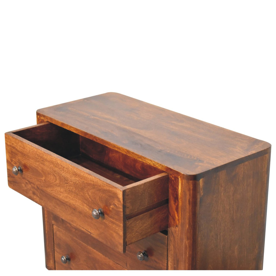 Brown Lacquered Chestnut Solid Mango Wood 3-Drawer Chest with Rounded Edges & Nordic Legs