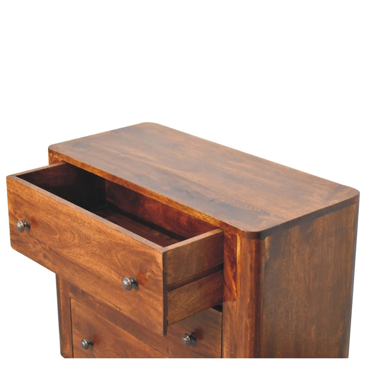 Brown Lacquered Chestnut Solid Mango Wood 3-Drawer Chest with Rounded Edges & Nordic Legs