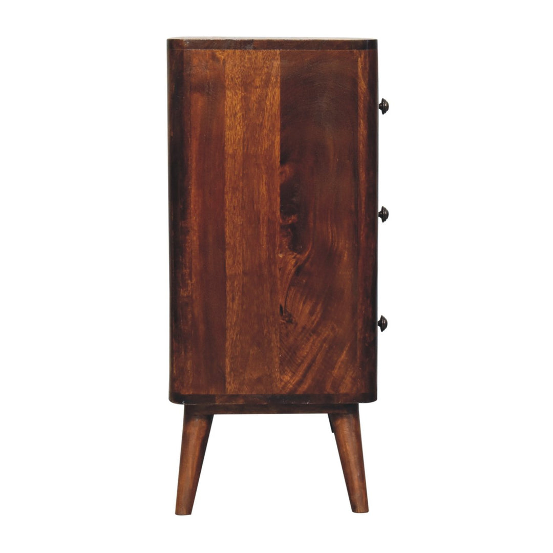 Brown Lacquered Chestnut Solid Mango Wood 3-Drawer Chest with Rounded Edges & Nordic Legs