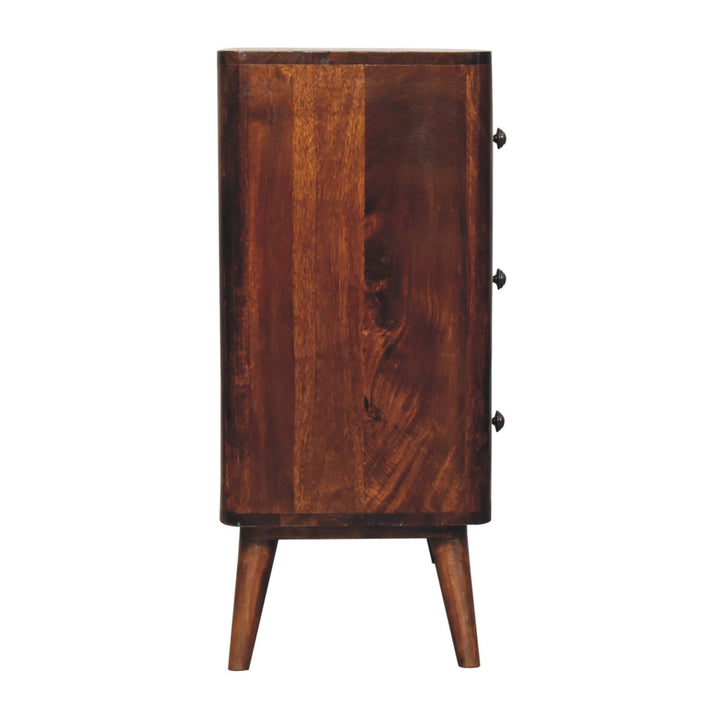 Brown Lacquered Chestnut Solid Mango Wood 3-Drawer Chest with Rounded Edges & Nordic Legs