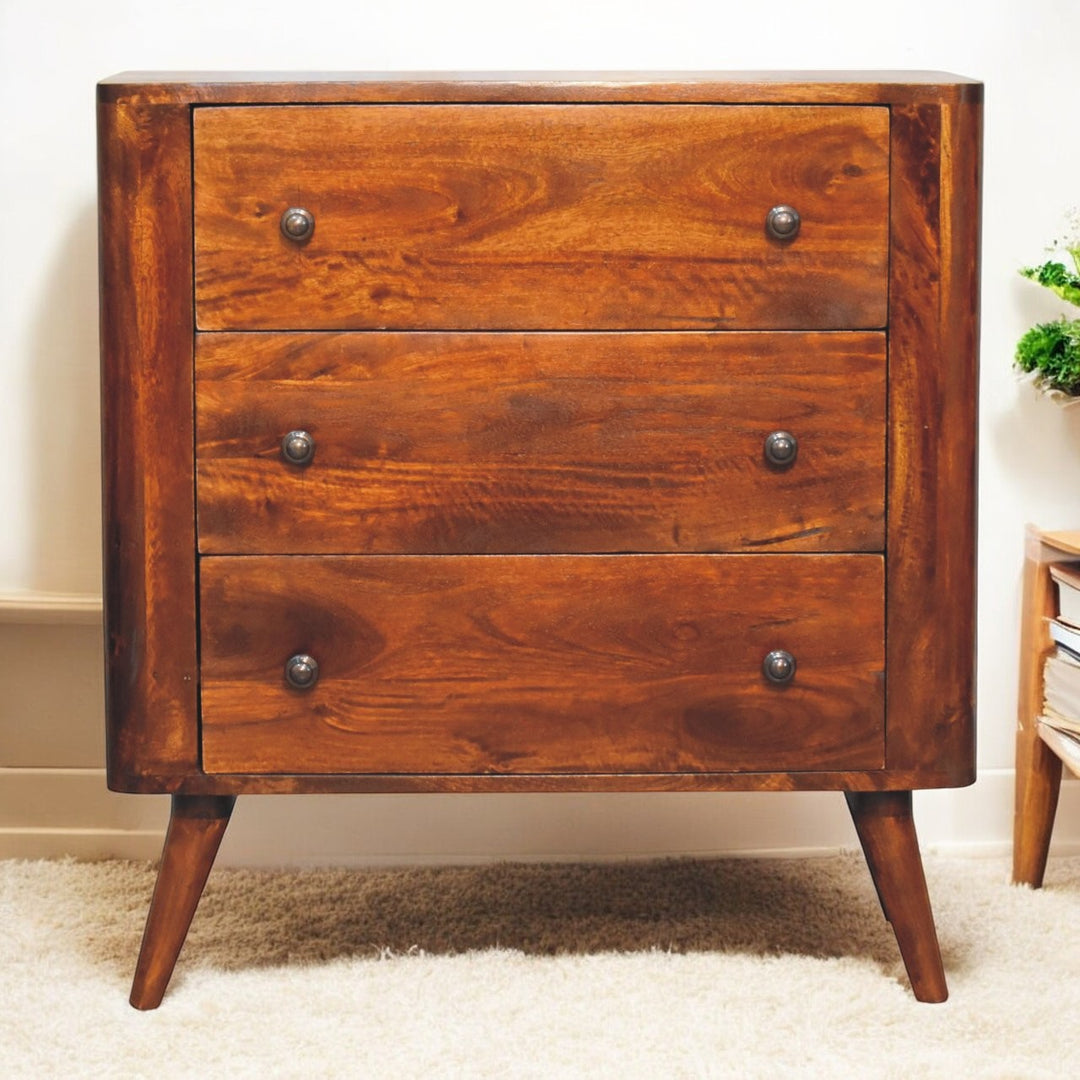 Brown Lacquered Chestnut Solid Mango Wood 3-Drawer Chest with Rounded Edges & Nordic Legs