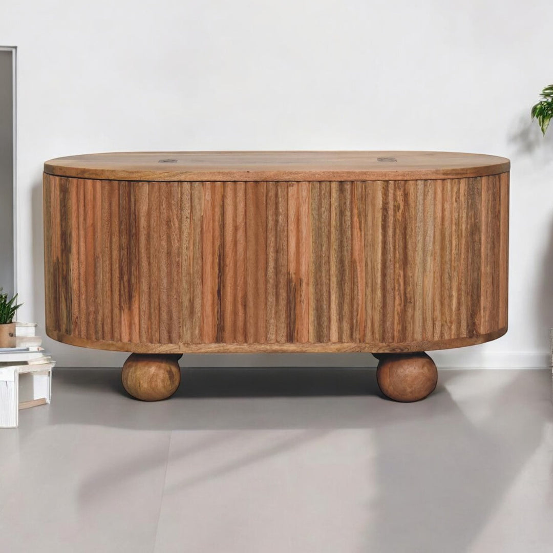 Beige Lacquered Chestnut Solid Mango Wood Circular TV Unit with 2 Drawers & Nordic Legs