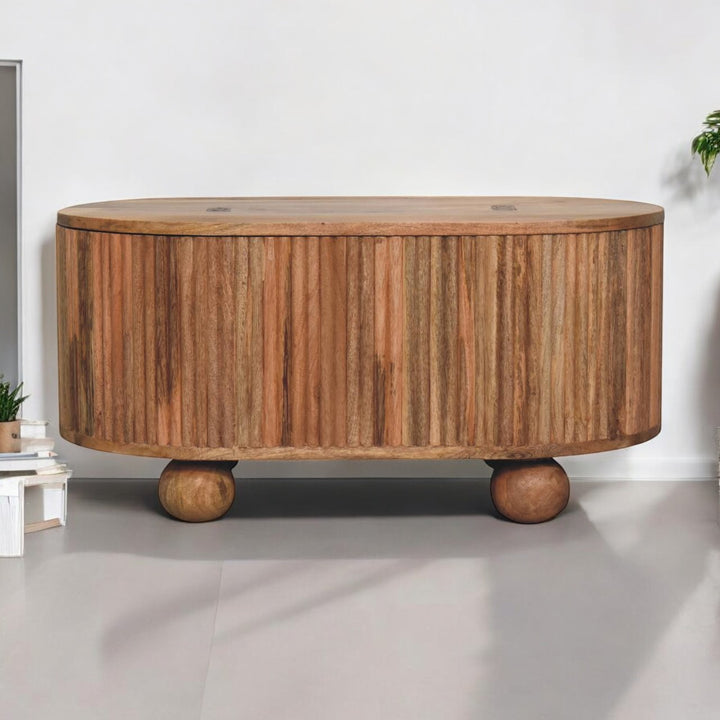 Beige Lacquered Chestnut Solid Mango Wood Circular TV Unit with 2 Drawers & Nordic Legs