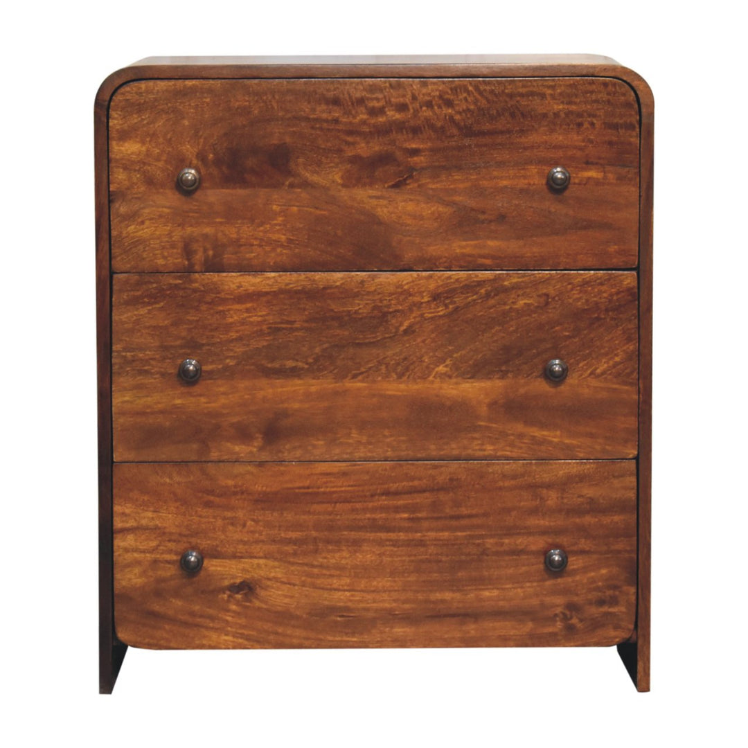 Brown Lacquered Chestnut Solid Mango Wood Fine Aspen 3-Drawer Chest with Brass-Veneered Drawers