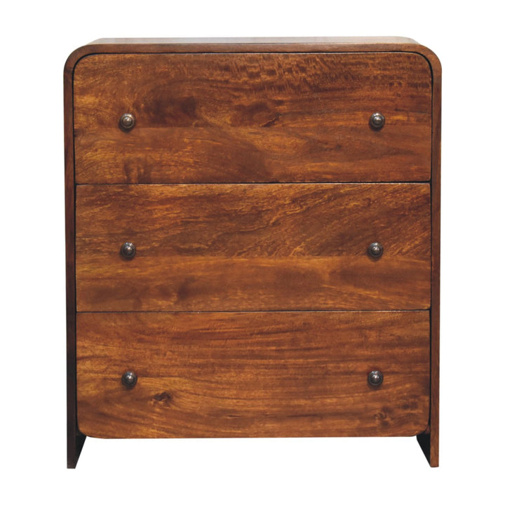 Brown Lacquered Chestnut Solid Mango Wood Fine Aspen 3-Drawer Chest with Brass-Veneered Drawers