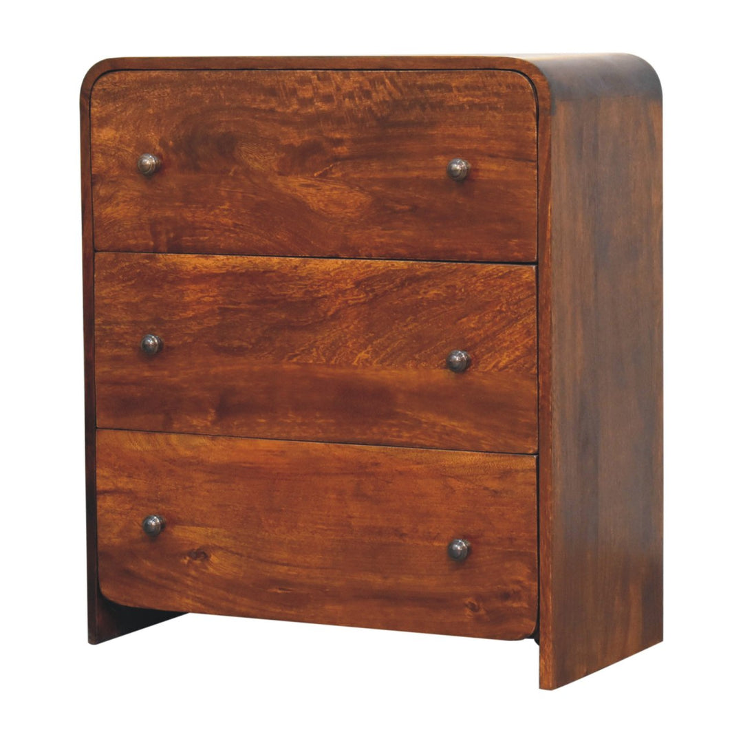 Brown Lacquered Chestnut Solid Mango Wood Fine Aspen 3-Drawer Chest with Brass-Veneered Drawers