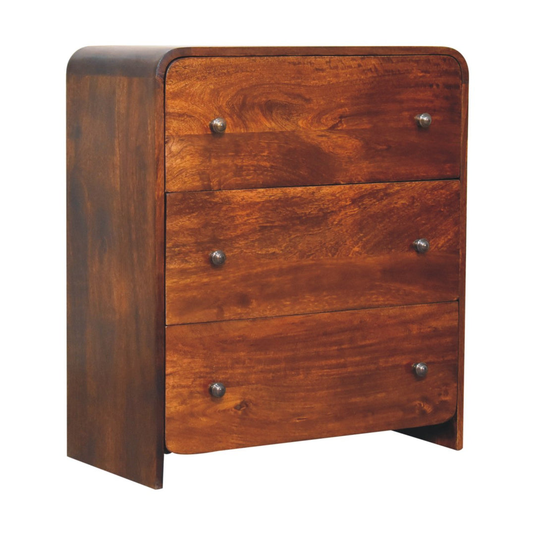 Brown Lacquered Chestnut Solid Mango Wood Fine Aspen 3-Drawer Chest with Brass-Veneered Drawers