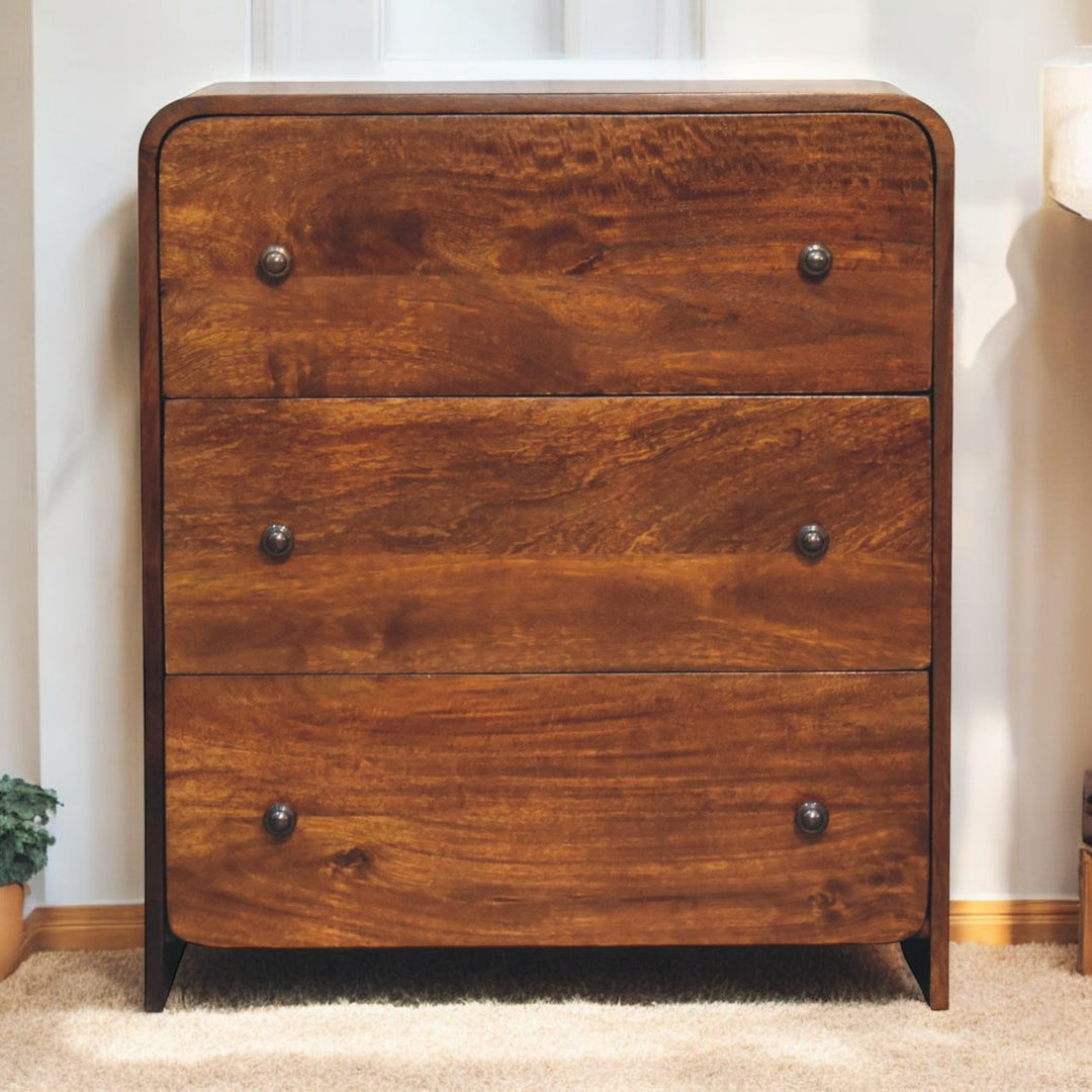 Brown Lacquered Chestnut Solid Mango Wood Fine Aspen 3-Drawer Chest with Brass-Veneered Drawers
