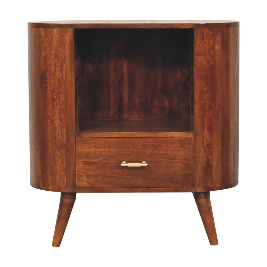Brown Lacquered Solid Mango Wood Chestnut Cabinet with Gold T-Bar Handle & Open Shelf
