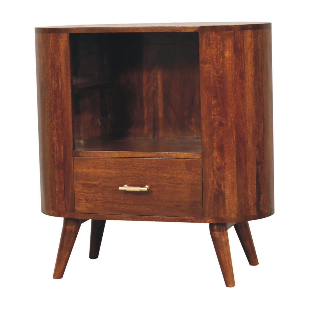 Brown Lacquered Solid Mango Wood Chestnut Cabinet with Gold T-Bar Handle & Open Shelf