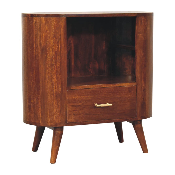 Brown Lacquered Solid Mango Wood Chestnut Cabinet with Gold T-Bar Handle & Open Shelf