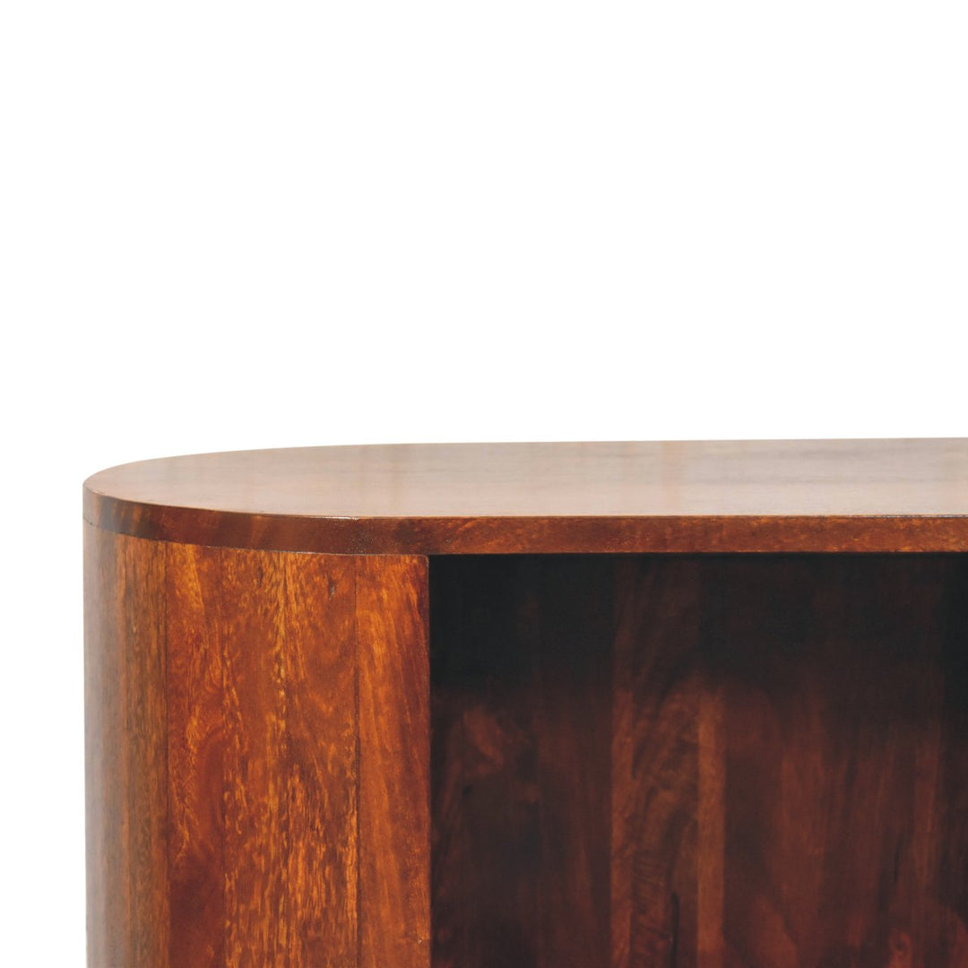 Brown Lacquered Solid Mango Wood Chestnut Cabinet with Gold T-Bar Handle & Open Shelf