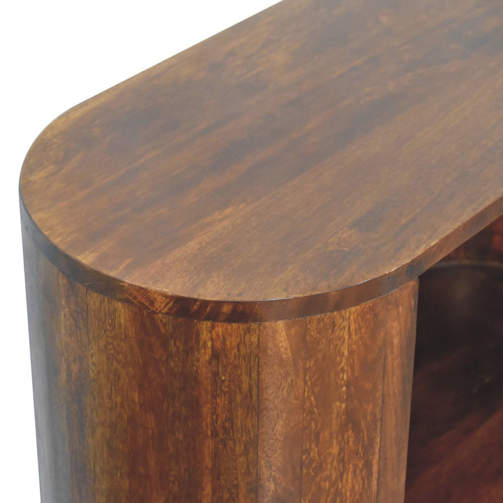 Brown Lacquered Solid Mango Wood Chestnut Cabinet with Gold T-Bar Handle & Open Shelf