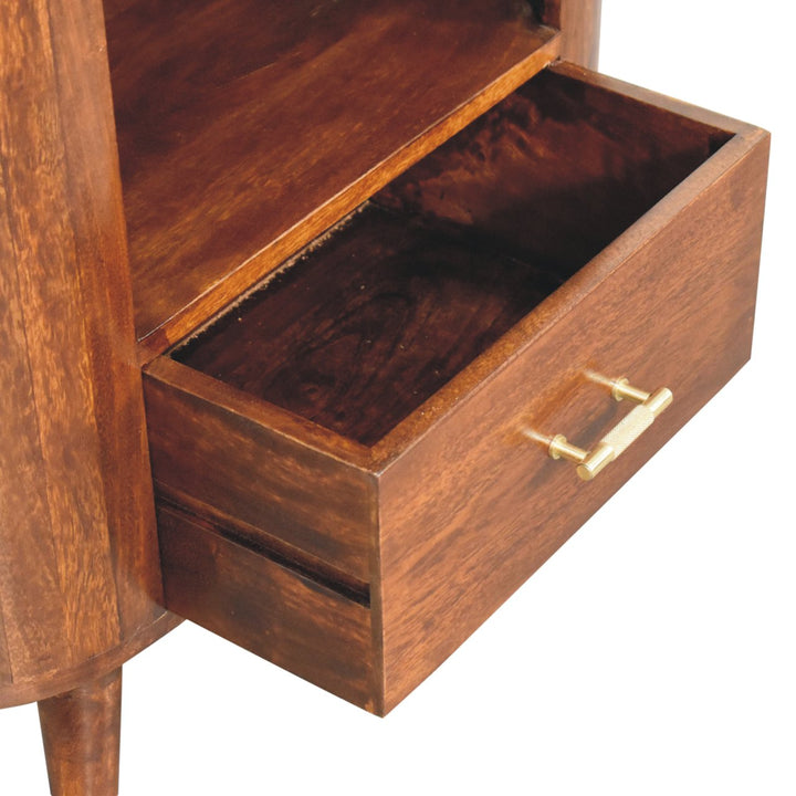Brown Lacquered Solid Mango Wood Chestnut Cabinet with Gold T-Bar Handle & Open Shelf