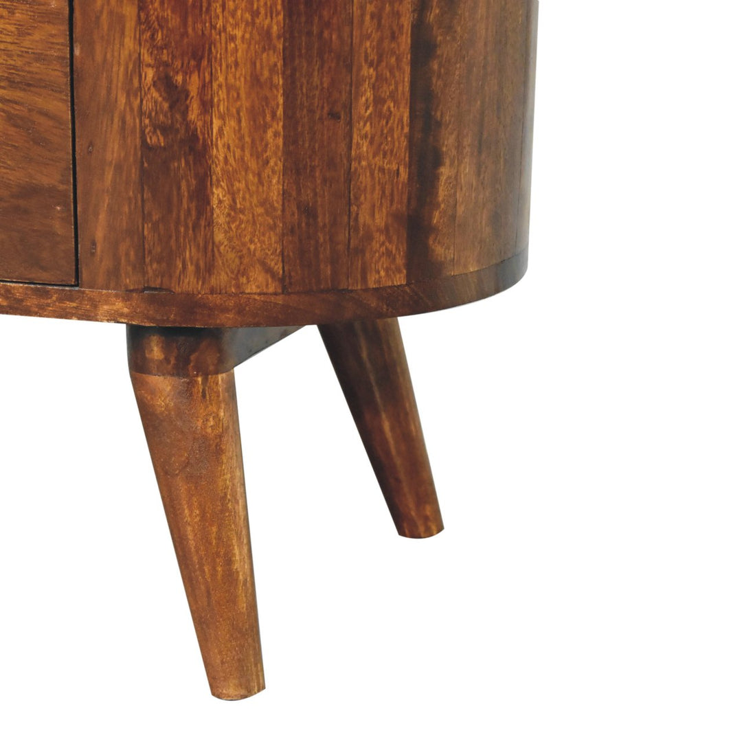 Brown Lacquered Solid Mango Wood Chestnut Cabinet with Gold T-Bar Handle & Open Shelf