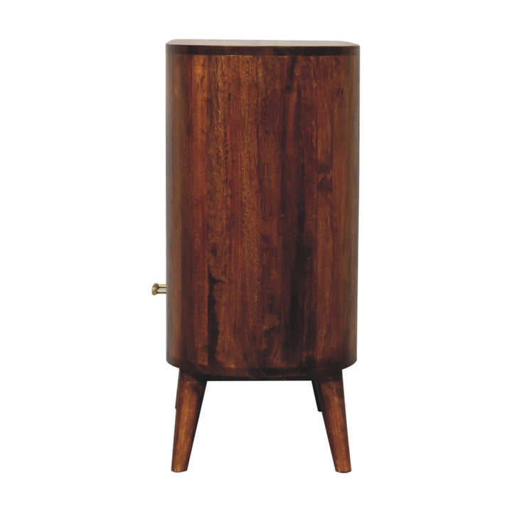 Brown Lacquered Solid Mango Wood Chestnut Cabinet with Gold T-Bar Handle & Open Shelf