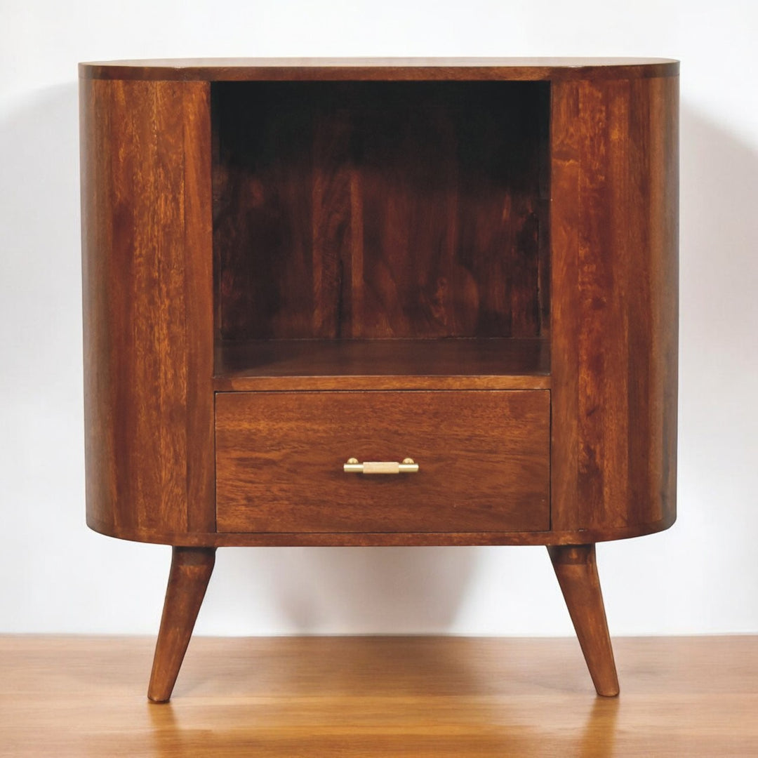 Brown Lacquered Solid Mango Wood Chestnut Cabinet with Gold T-Bar Handle & Open Shelf