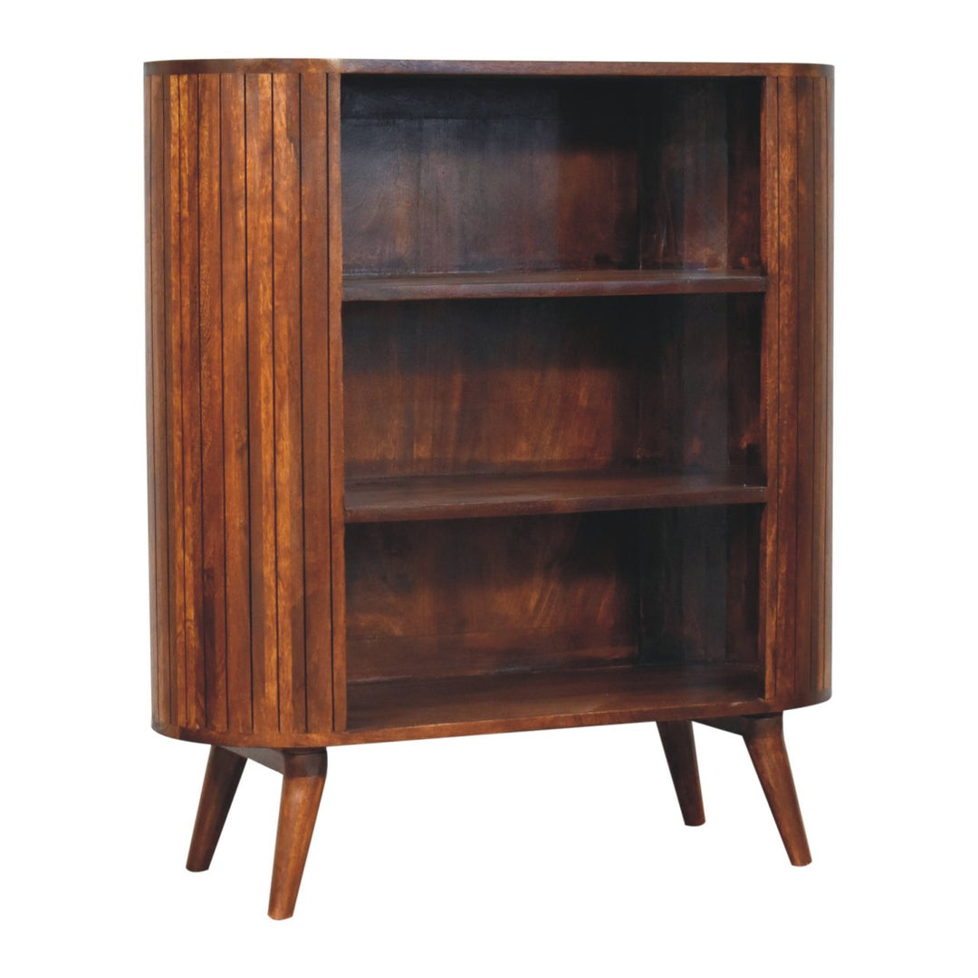 Brown Lacquered Chestnut Solid Mango Wood Cortez 3-Open-Shelf Cabinet with Nordic Legs