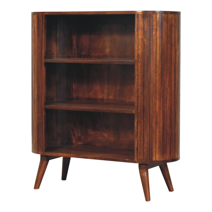 Brown Lacquered Chestnut Solid Mango Wood Cortez 3-Open-Shelf Cabinet with Nordic Legs