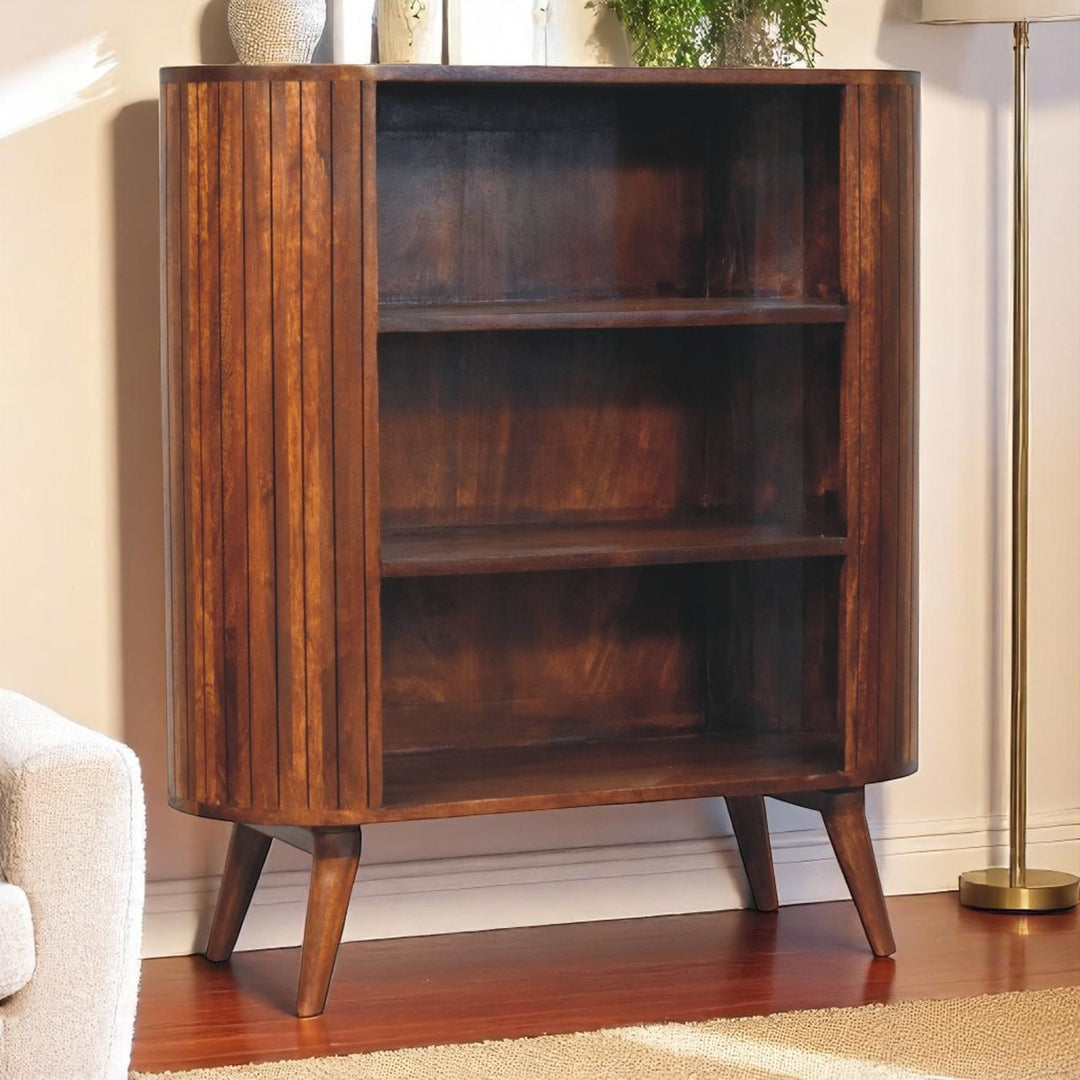 Brown Lacquered Chestnut Solid Mango Wood Cortez 3-Open-Shelf Cabinet with Nordic Legs