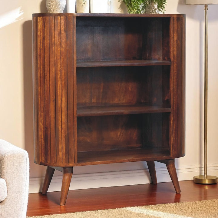 Brown Lacquered Chestnut Solid Mango Wood Cortez 3-Open-Shelf Cabinet with Nordic Legs