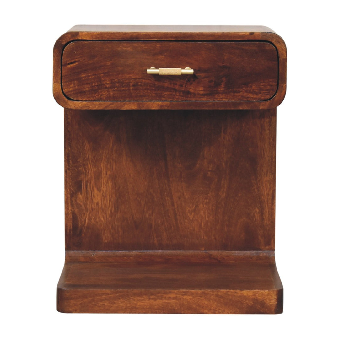 Solid Mango Wood Rounded Bedside Table with T-Bar Handle, 1 Drawer & Open Shelf | Chestnut Finish | 45 x 35 x 55 cm