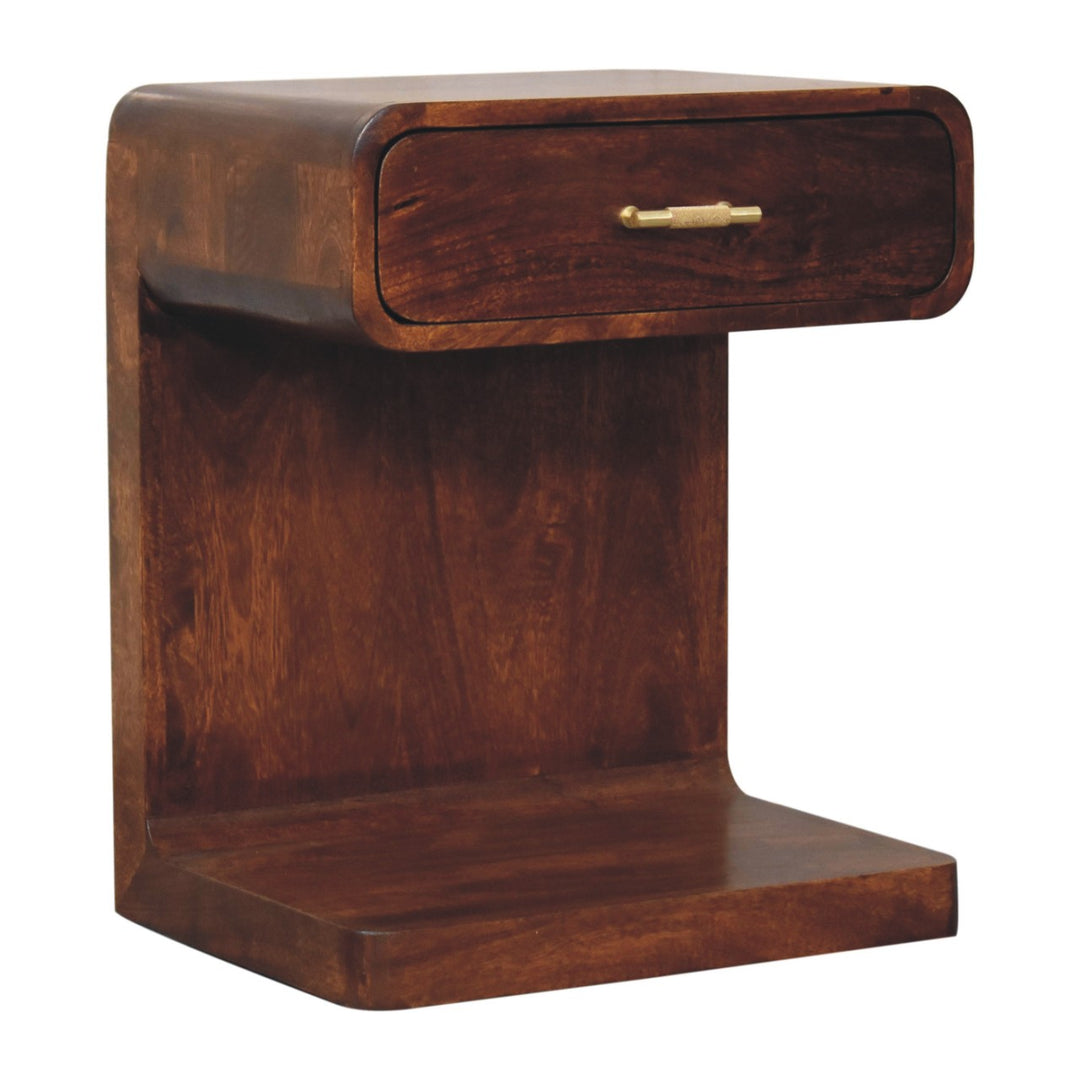 Solid Mango Wood Rounded Bedside Table with T-Bar Handle, 1 Drawer & Open Shelf | Chestnut Finish | 45 x 35 x 55 cm