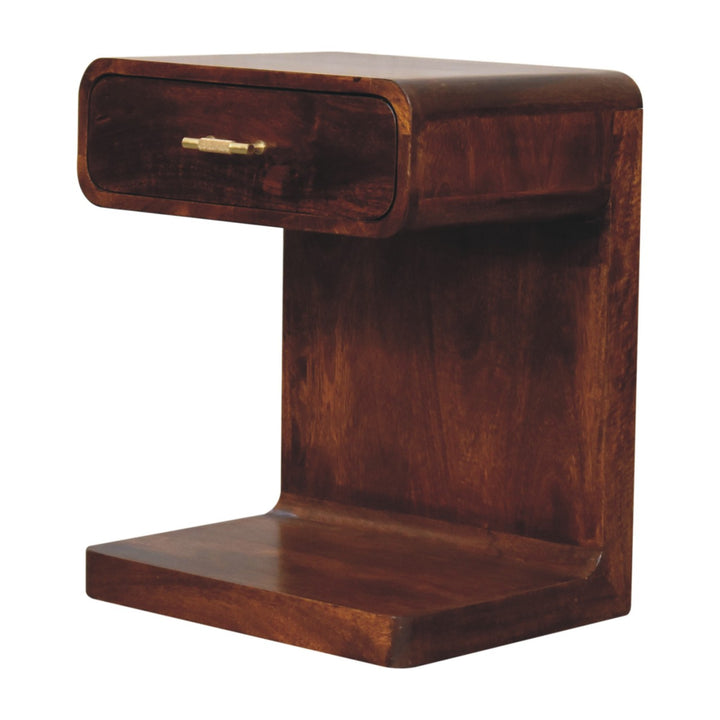 Solid Mango Wood Rounded Bedside Table with T-Bar Handle, 1 Drawer & Open Shelf | Chestnut Finish | 45 x 35 x 55 cm