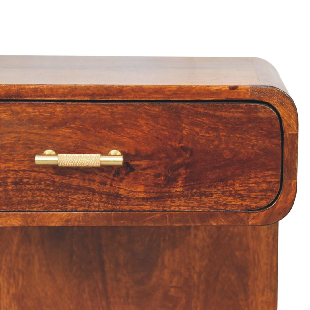 Solid Mango Wood Rounded Bedside Table with T-Bar Handle, 1 Drawer & Open Shelf | Chestnut Finish | 45 x 35 x 55 cm