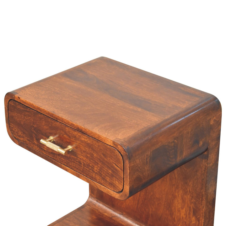 Solid Mango Wood Rounded Bedside Table with T-Bar Handle, 1 Drawer & Open Shelf | Chestnut Finish | 45 x 35 x 55 cm