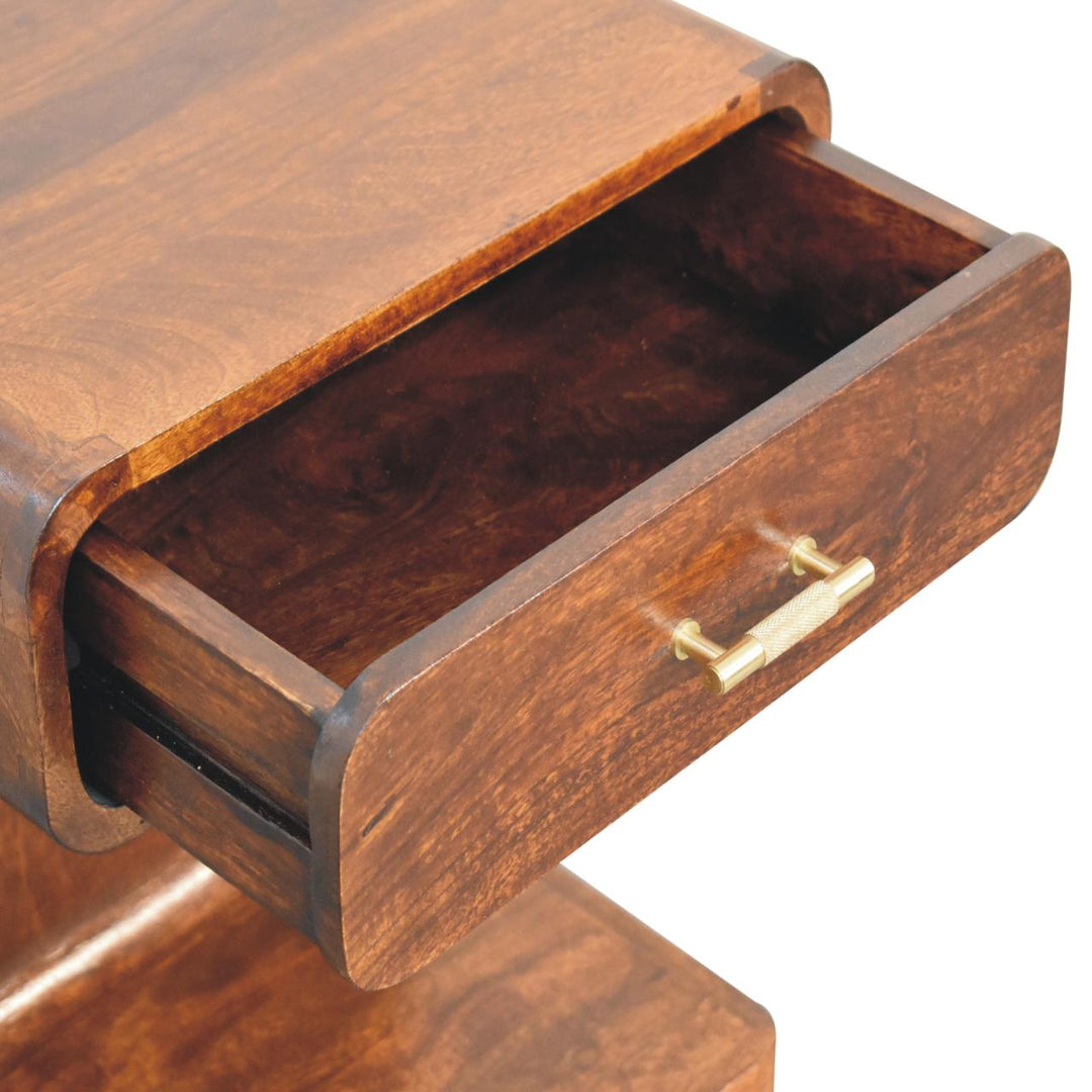 Solid Mango Wood Rounded Bedside Table with T-Bar Handle, 1 Drawer & Open Shelf | Chestnut Finish | 45 x 35 x 55 cm