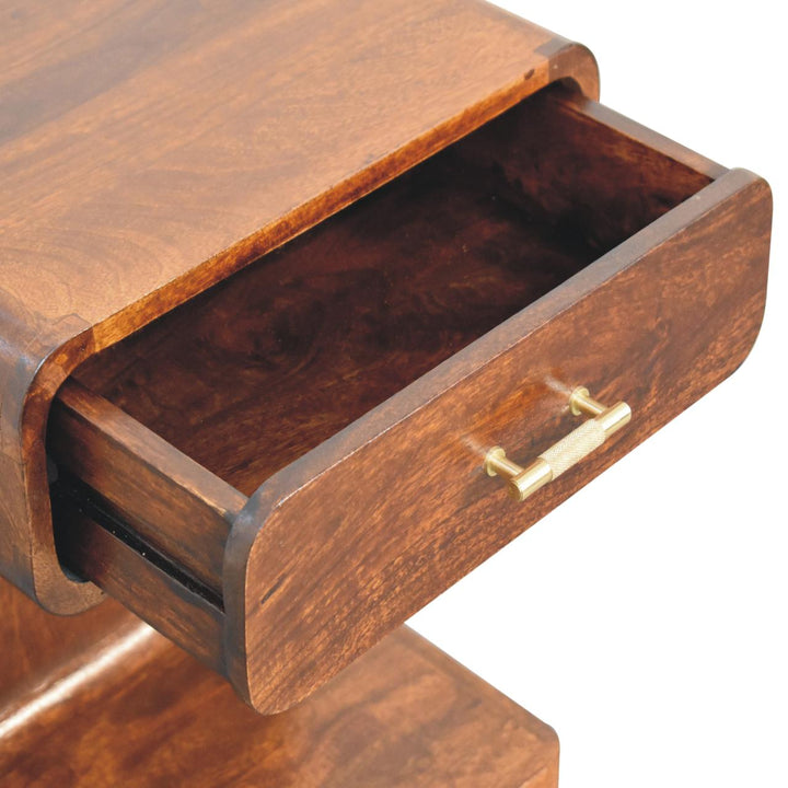 Solid Mango Wood Rounded Bedside Table with T-Bar Handle, 1 Drawer & Open Shelf | Chestnut Finish | 45 x 35 x 55 cm