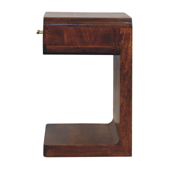 Solid Mango Wood Rounded Bedside Table with T-Bar Handle, 1 Drawer & Open Shelf | Chestnut Finish | 45 x 35 x 55 cm